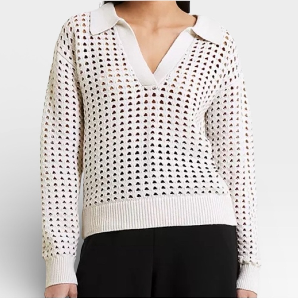 French Connection Manda Pointelle Sweater V-Neck Knit Cream White Sweater XSMALL